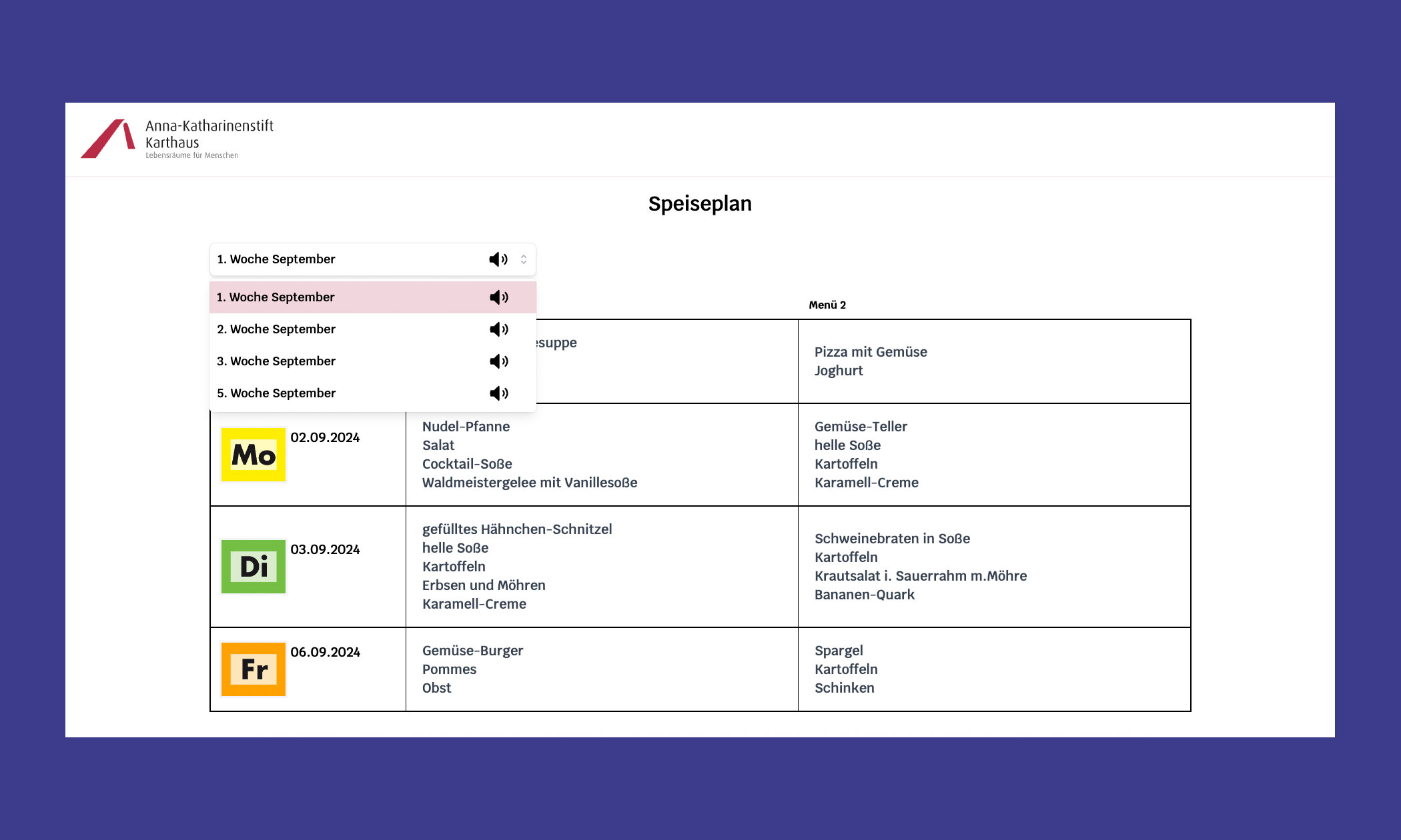 Speiseplan mit Filter